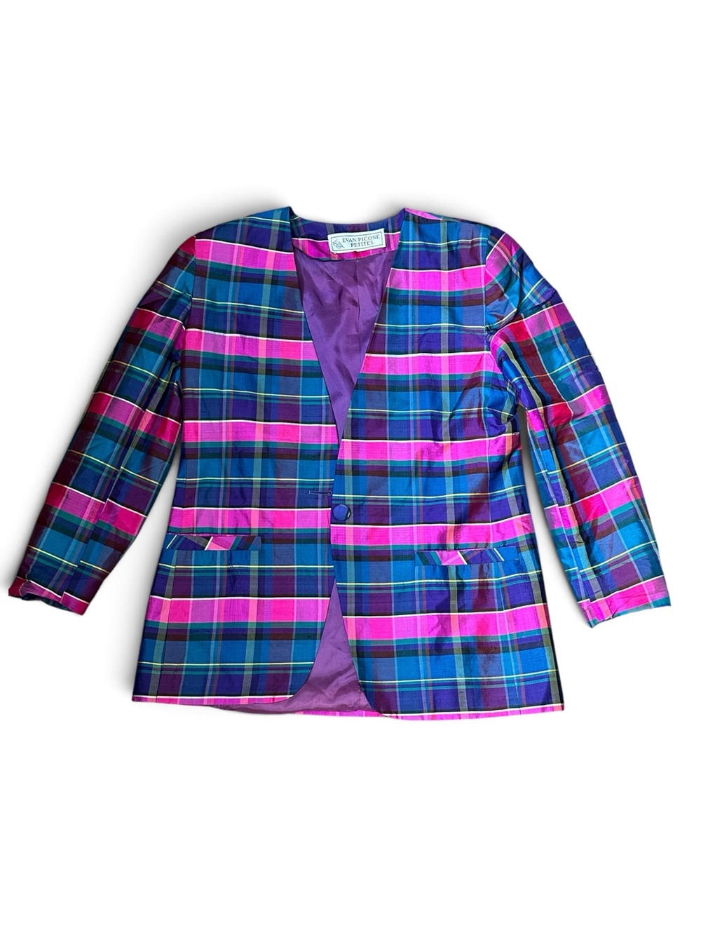 VTG Silk Bright Plaid Women’s Blazer Petite Size 8 Blue Purple Pink Dopamine 90s